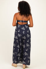 Dark Blue Floral Strapless Cutout Maxi Dress