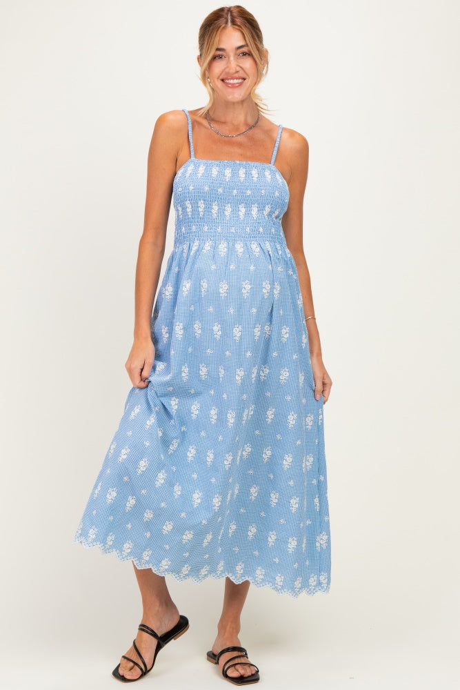 blue smocked maternity dress Blue Smocked Cinched Front Maternity Maxi Dress  PinkBlush