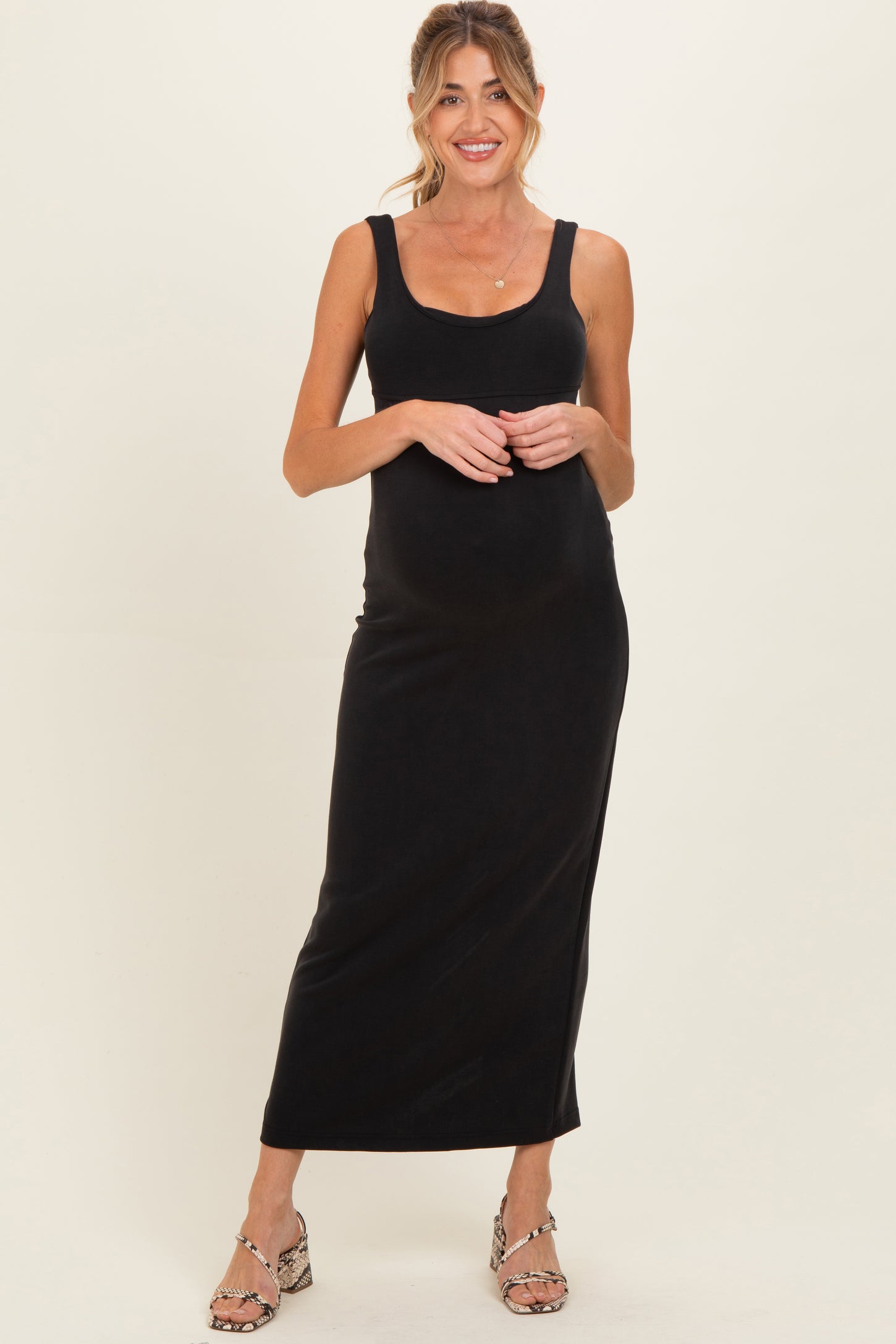 black tank maxi dress Black Fitted Cutout Maternity Maxi Tank Dress