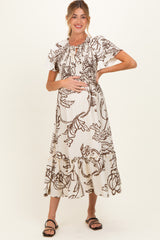 Taupe Floral Smocked Front Tie Maternity Midi Dress