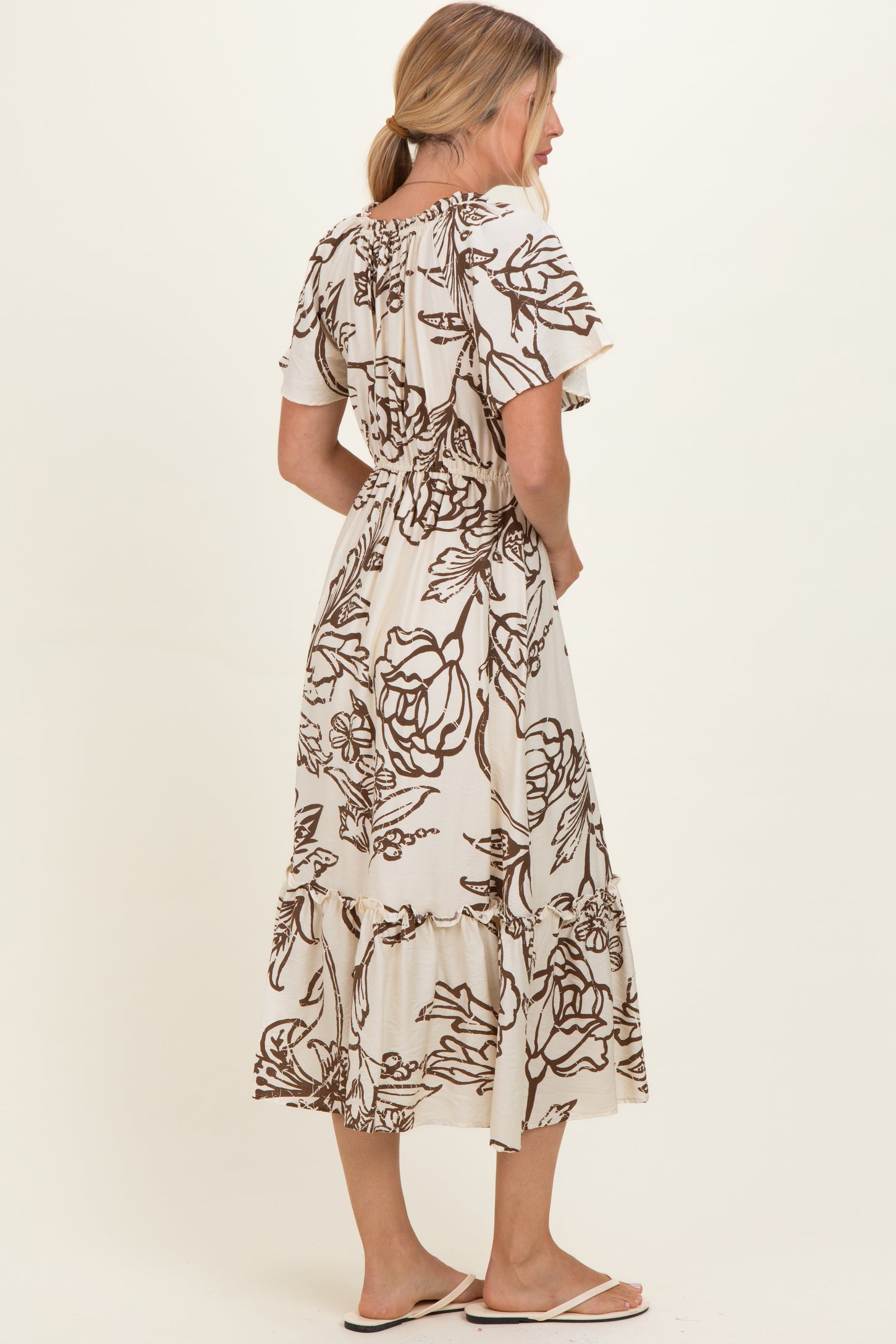 Taupe Floral Smocked Front Tie Midi Dress – PinkBlush