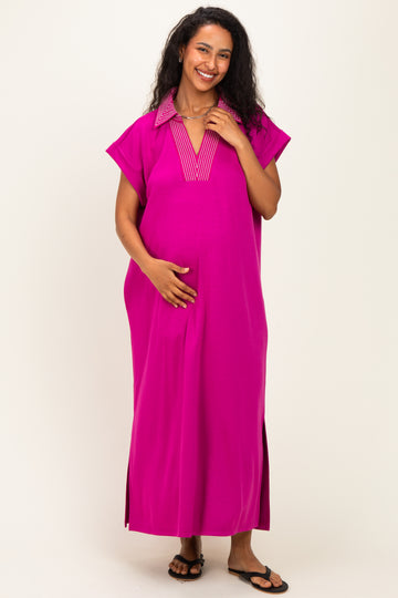 Magenta Striped Collared Side Slit Maternity Midi Dress