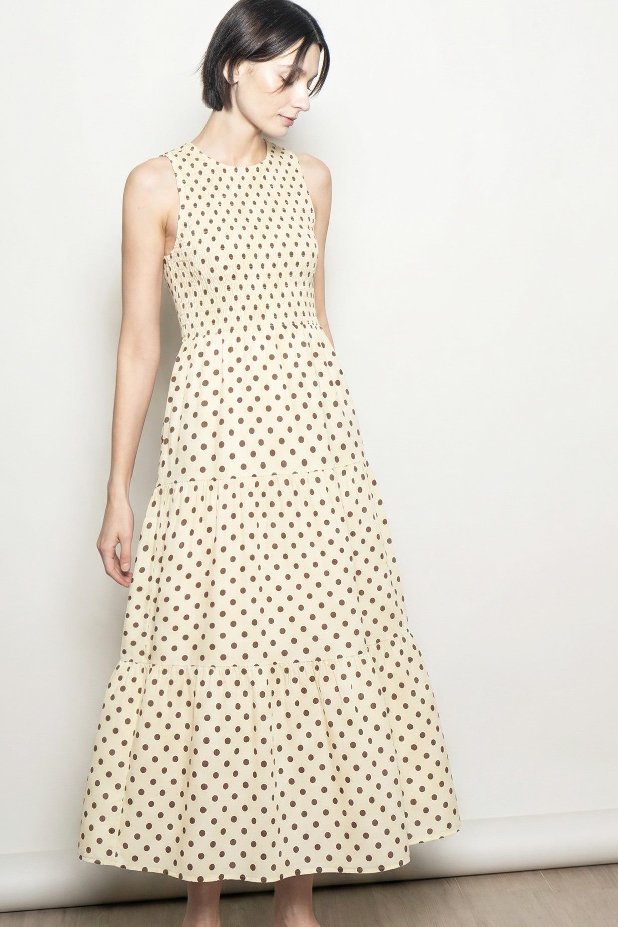 Cream Polka Dot Smocked Tiered Maxi Dress