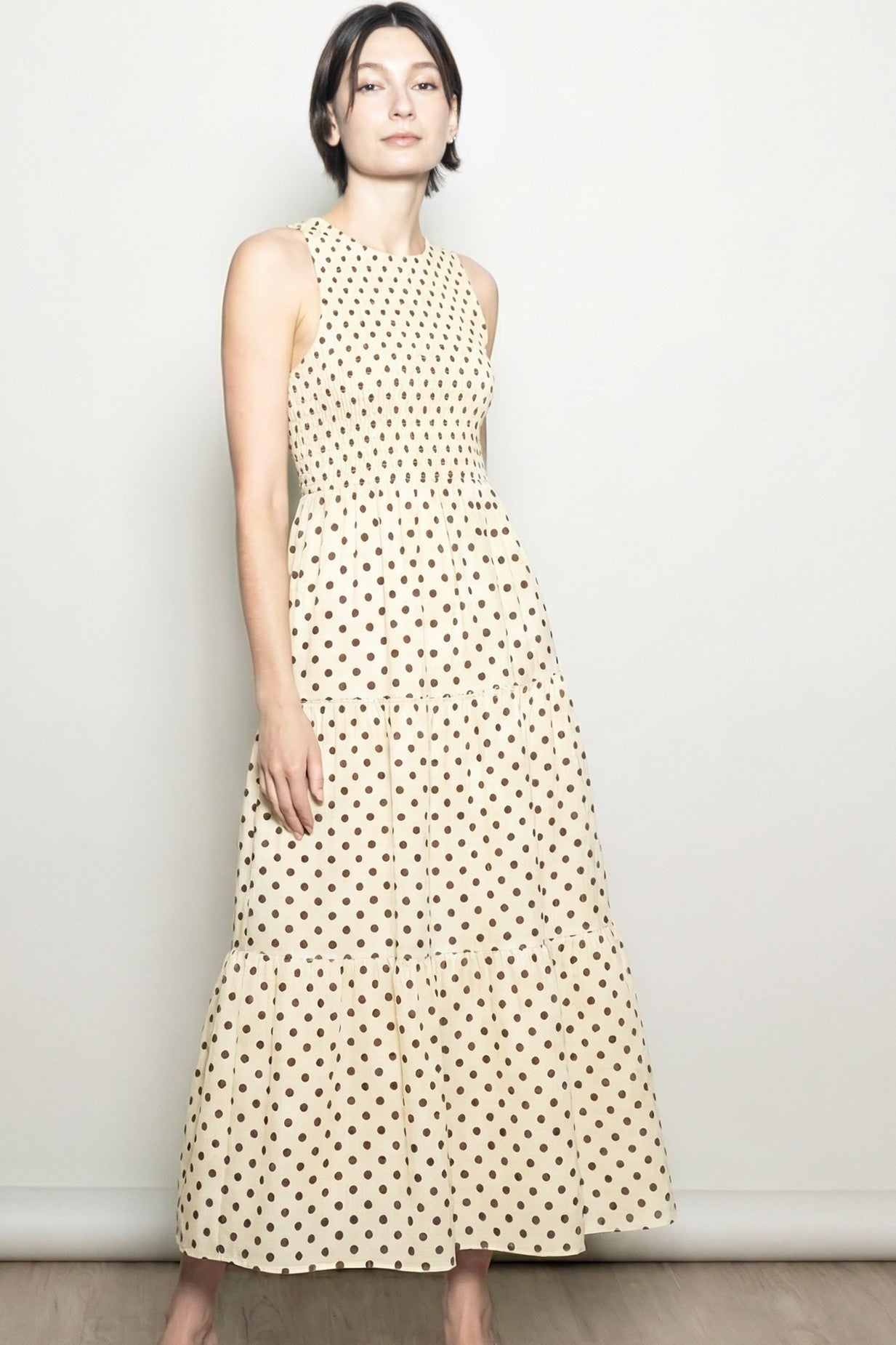 Cream Polka Dot Smocked Tiered Maxi Dress