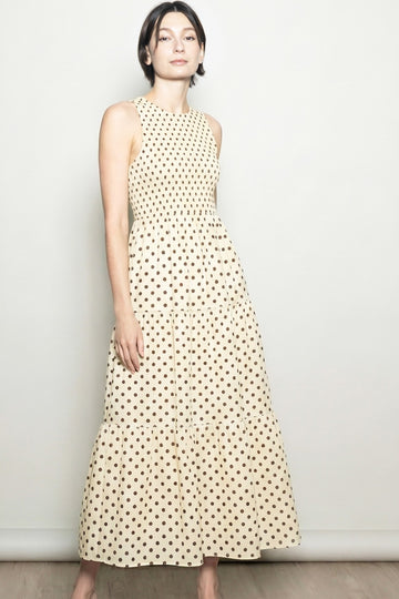 Cream Polka Dot Smocked Tiered Maxi Dress