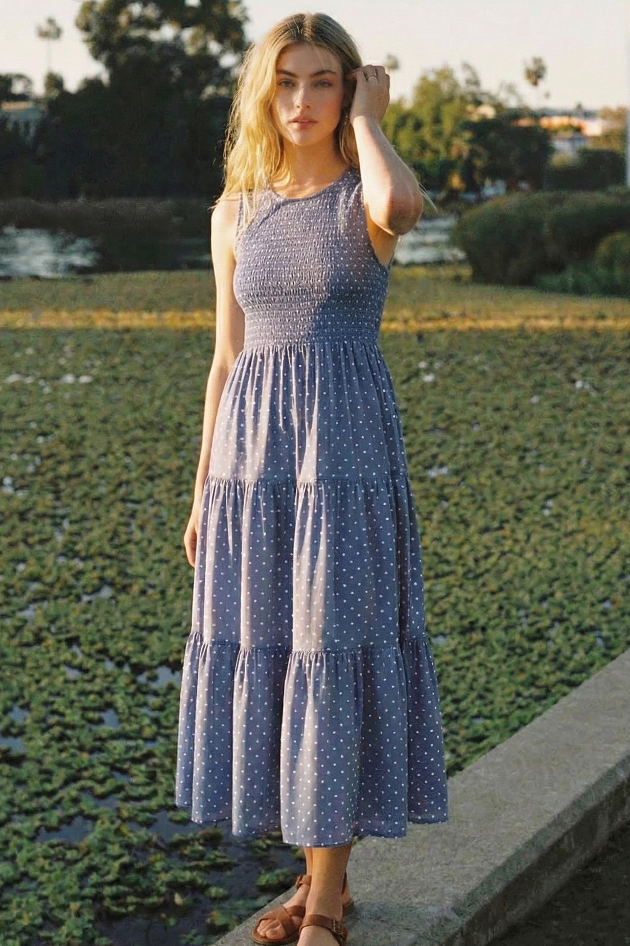 smocked tiered maxi dress Prada Sundress everyday outings Smocked Cutout Strapless Tiered Maxi