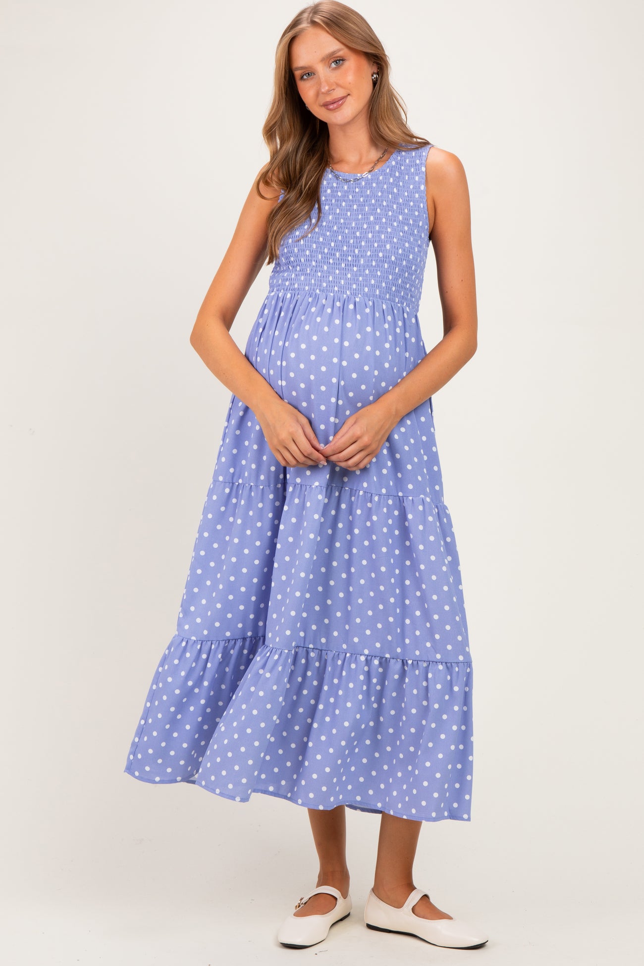 Blue Polka Dot Smocked Tiered Maternity Maxi Dress