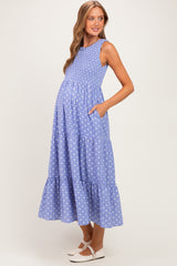 Blue Polka Dot Smocked Tiered Maternity Maxi Dress