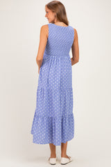 Blue Polka Dot Smocked Tiered Maternity Maxi Dress