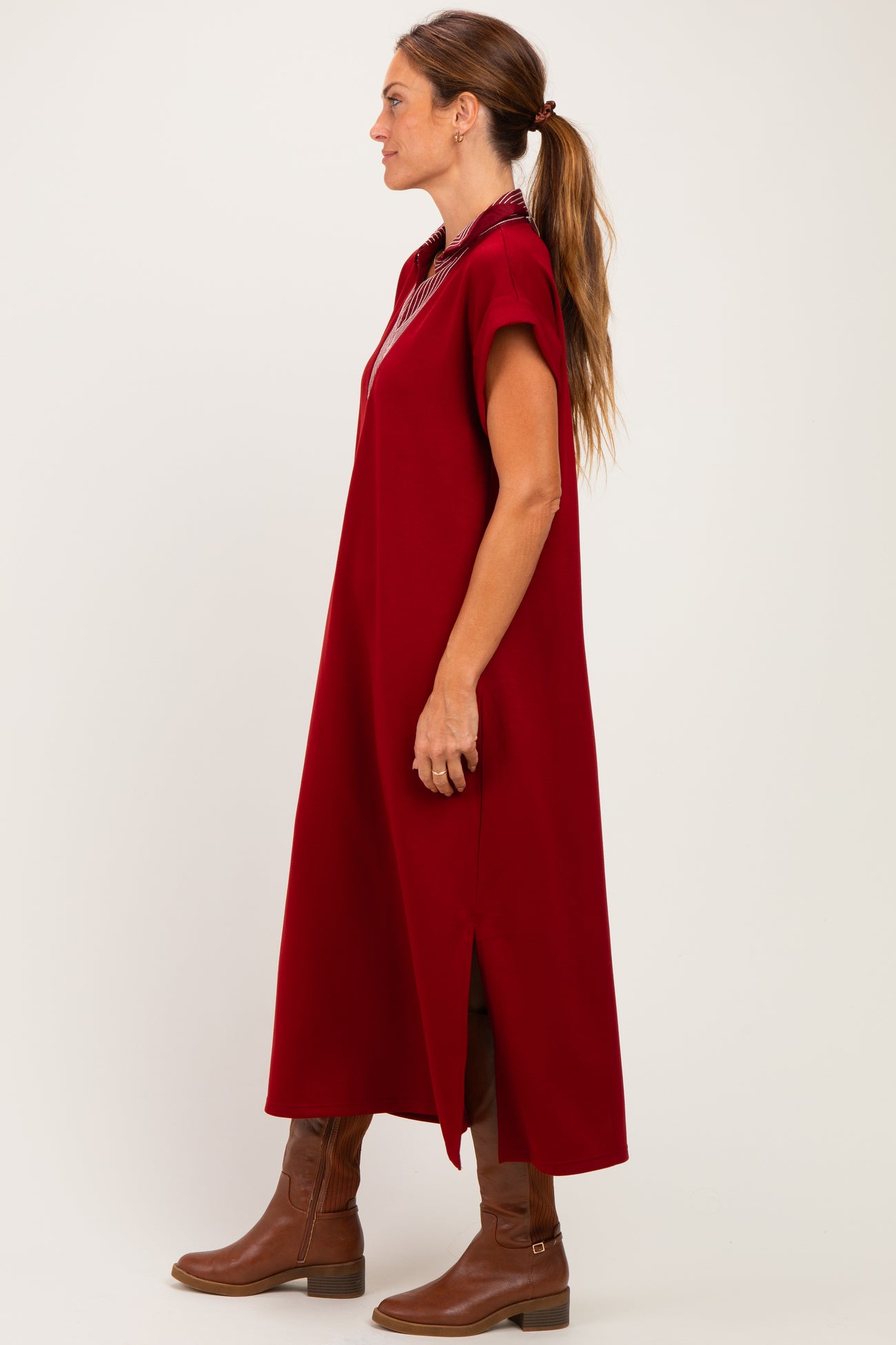 Burgundy Striped Collared Side Slit Midi Dress