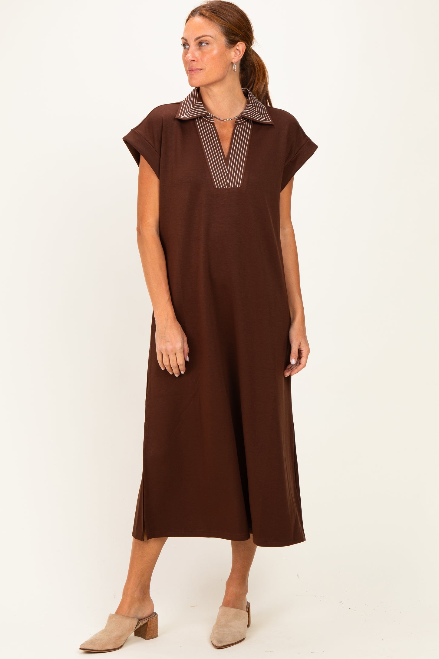 Brown Striped Collared Side Slit Maternity Midi Dress