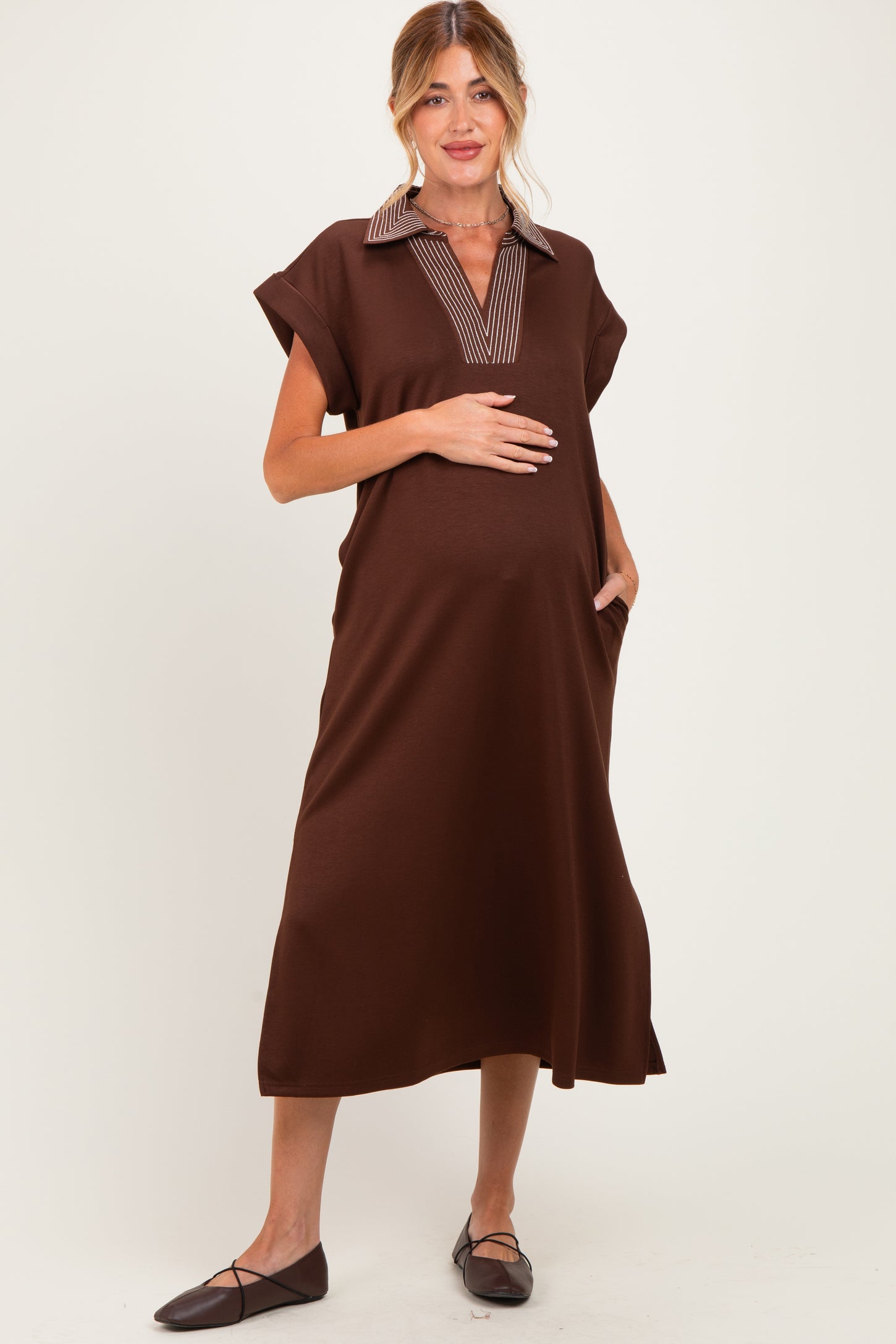 Brown Striped Collared Side Slit Maternity Midi Dress
