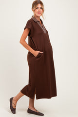 Brown Striped Collared Side Slit Maternity Midi Dress