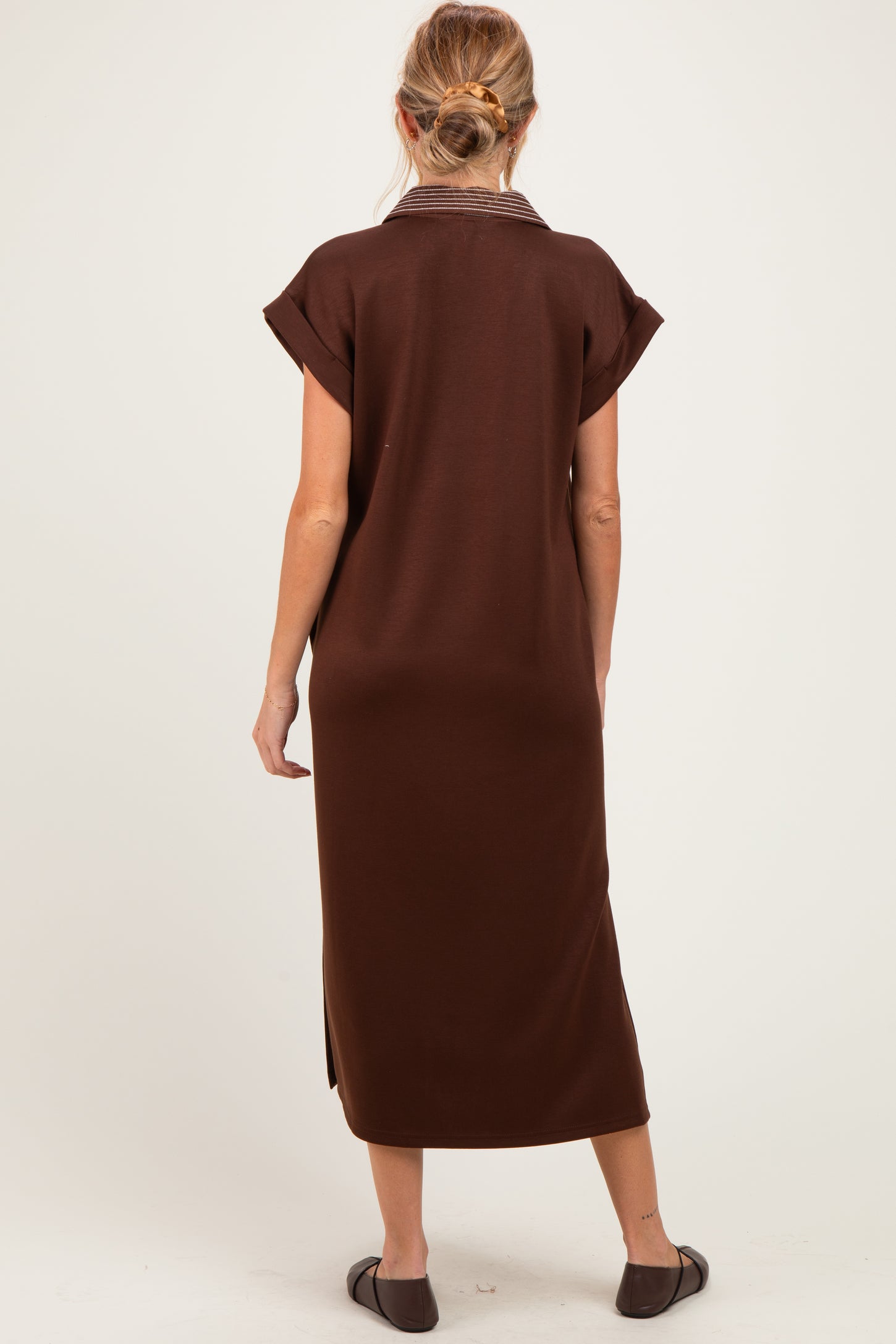 Brown Striped Collared Side Slit Maternity Midi Dress