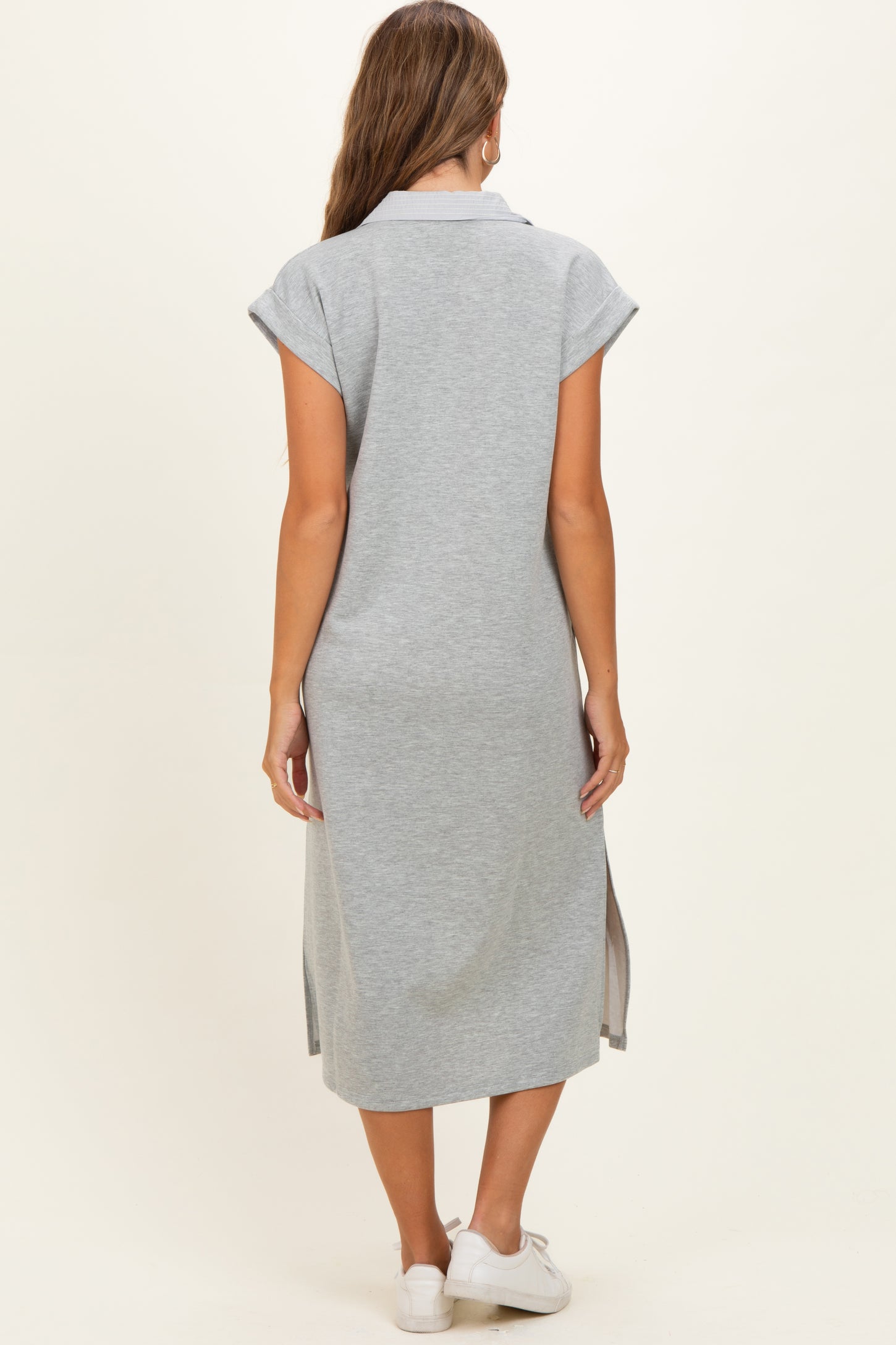 grey striped midi dress Becca Stripe Linen Dress
