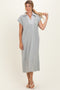 Heather Grey Striped Collared Side Slit Midi Dress