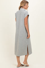 Heather Grey Striped Collared Side Slit Midi Dress