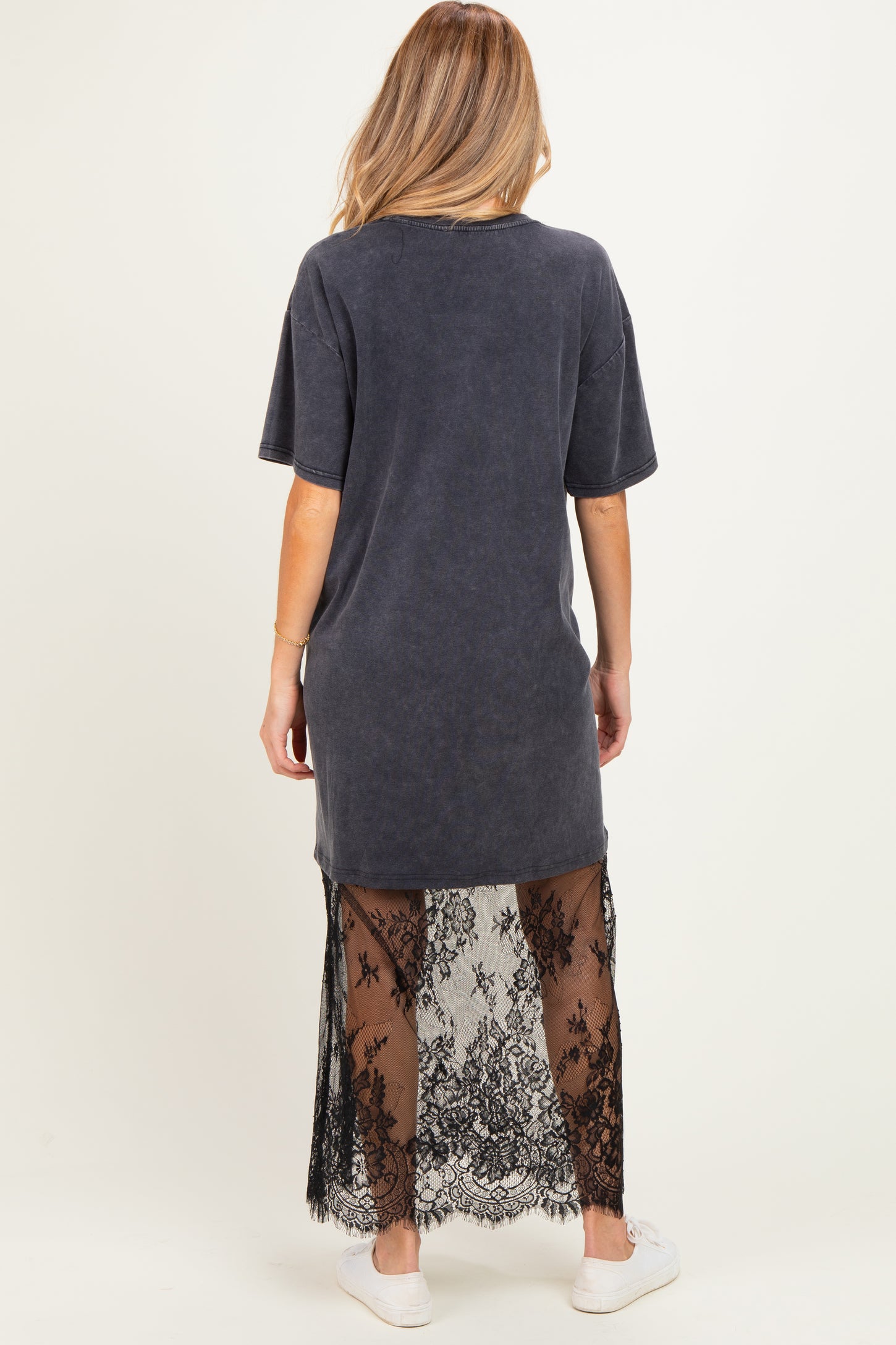 shirt dress with lace bottom The Carley Dress Made in USA Jersey T-Shirt Dress with Lace Hem