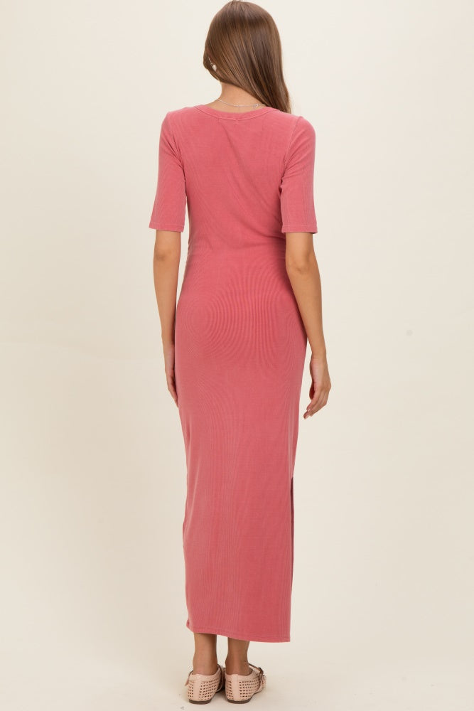 Dusty Rose Ruched Short Sleeve Side Slit Maternity Midi Dress Dusty Rose Ruched Short Sleeve Side Slit Maternity Midi Dress