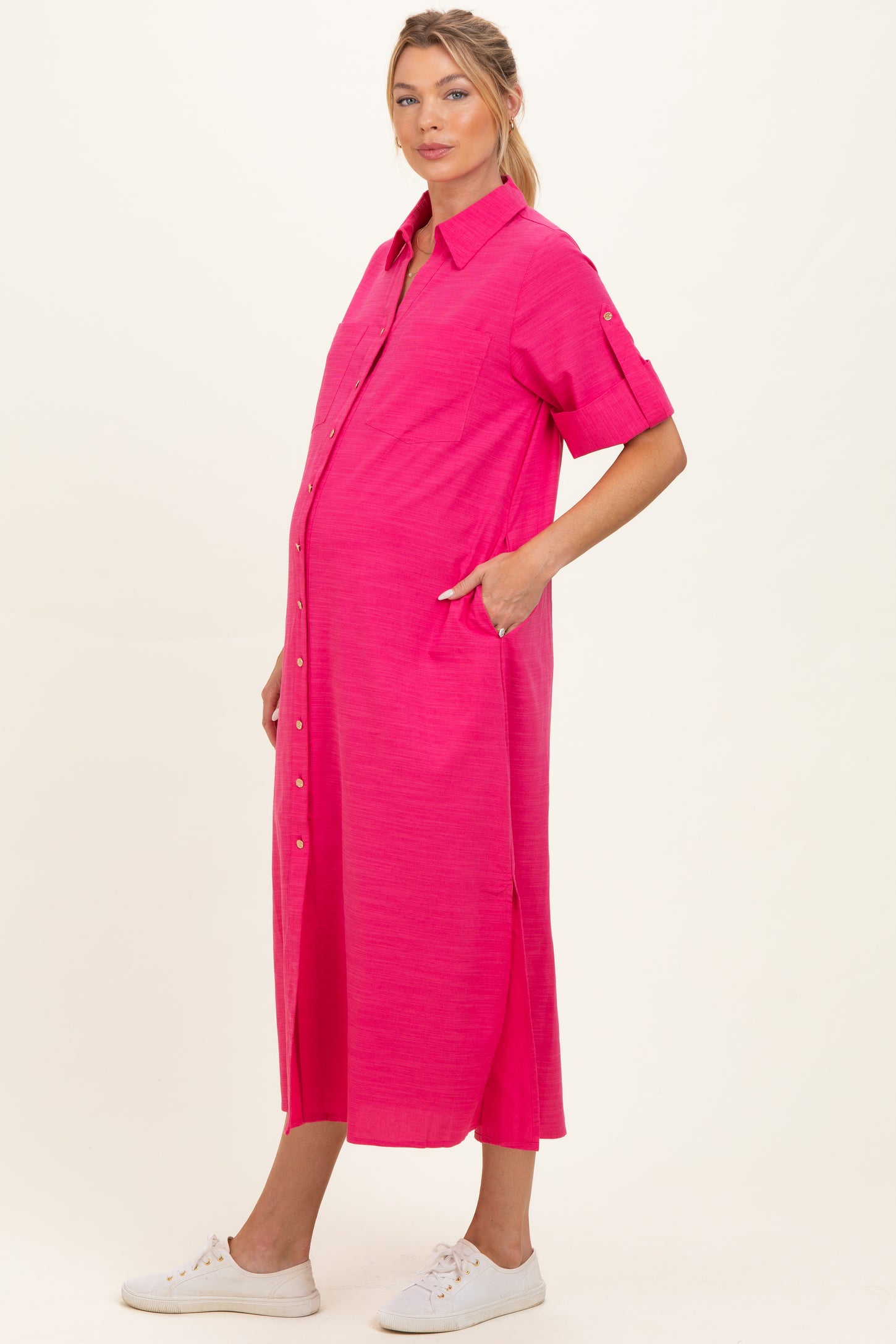 Fuchsia Side Slit Button Down Maternity Midi Dress