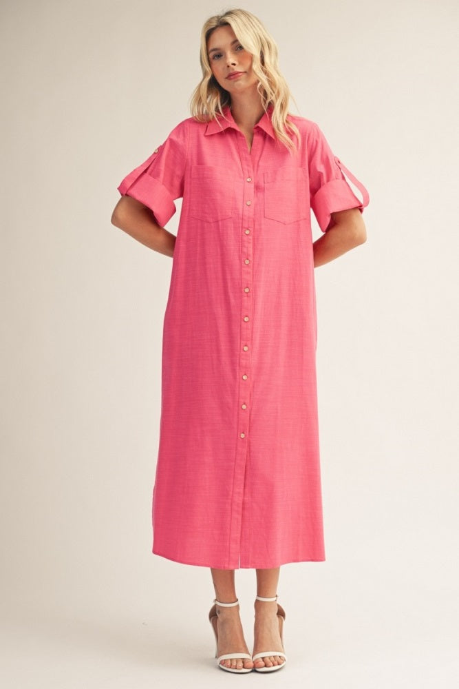 Fuchsia Side Slit Button Down Midi Dress