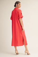Red Side Slit Button Down Midi Dress
