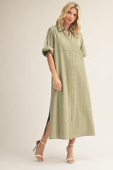 Sage Side Slit Button Down Midi Dress