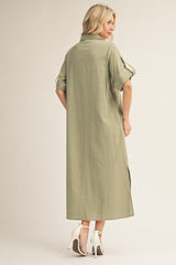 Sage Side Slit Button Down Midi Dress