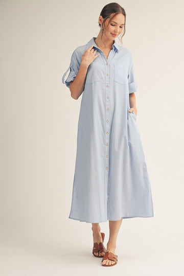 Light Blue Side Slit Button Down Midi Dress