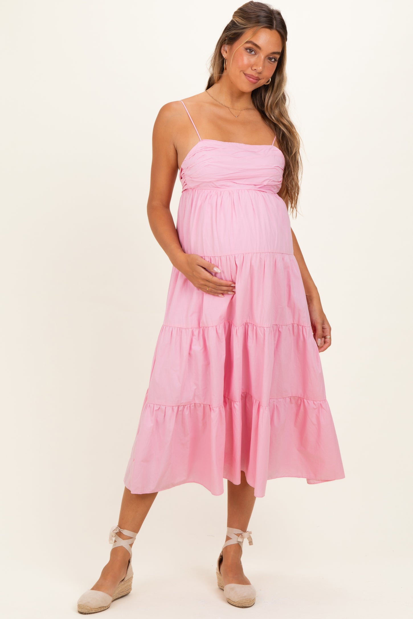 Light Pink Tiered Bow Detail Maternity Midi Dress