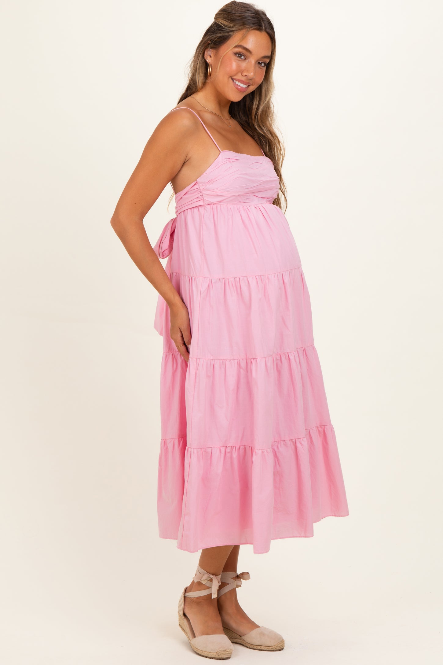 Light Pink Tiered Bow Detail Maternity Midi Dress
