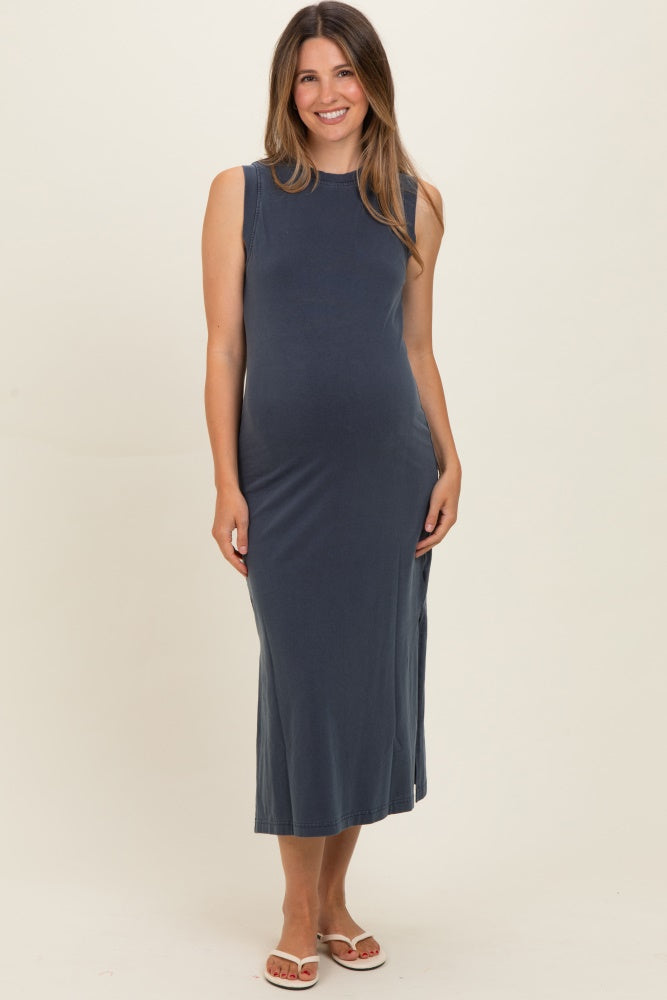 maternity tank dress Navy Side Slit Maternity Midi Tank Dress