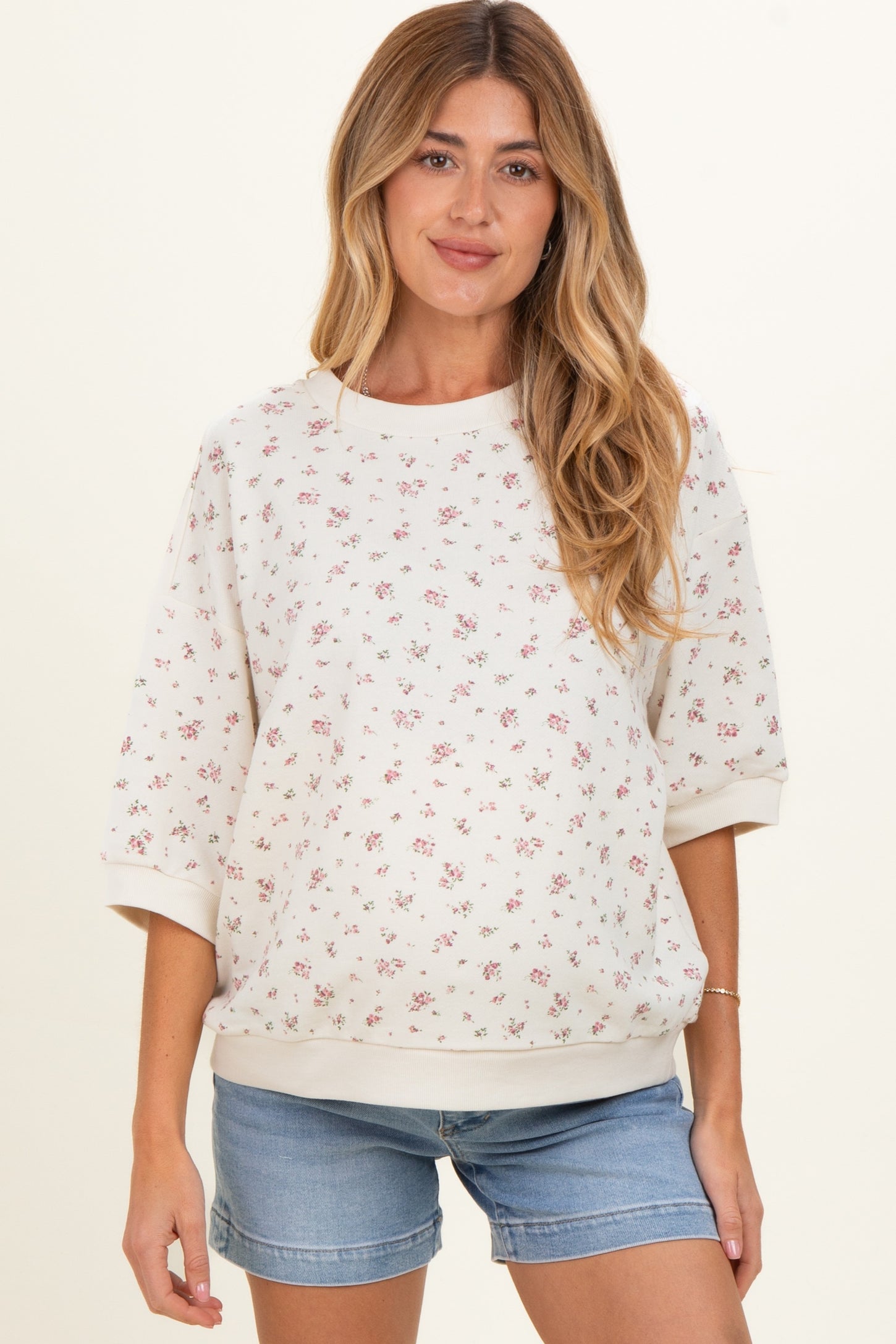 Ivory Floral Short Sleeve Pullover Maternity Top