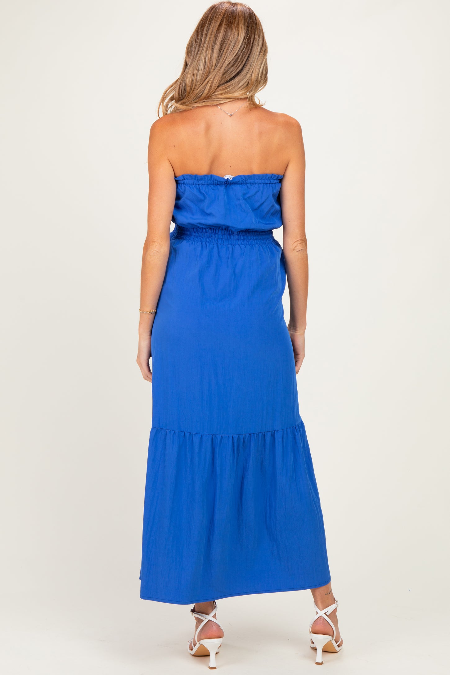 Capri Blue Strapless Cinched Waist Tie Maternity Maxi Dress