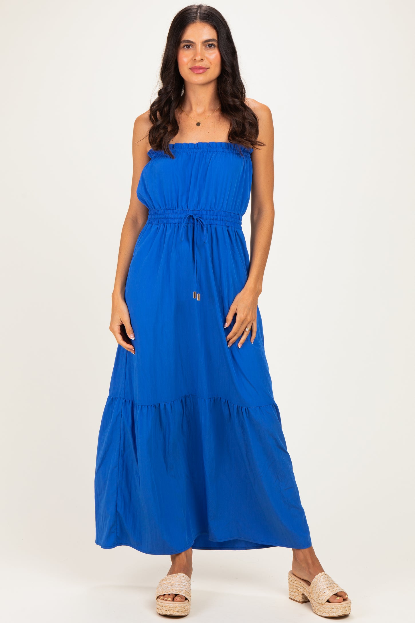 Capri Blue Strapless Cinched Waist Tie Maternity Maxi Dress