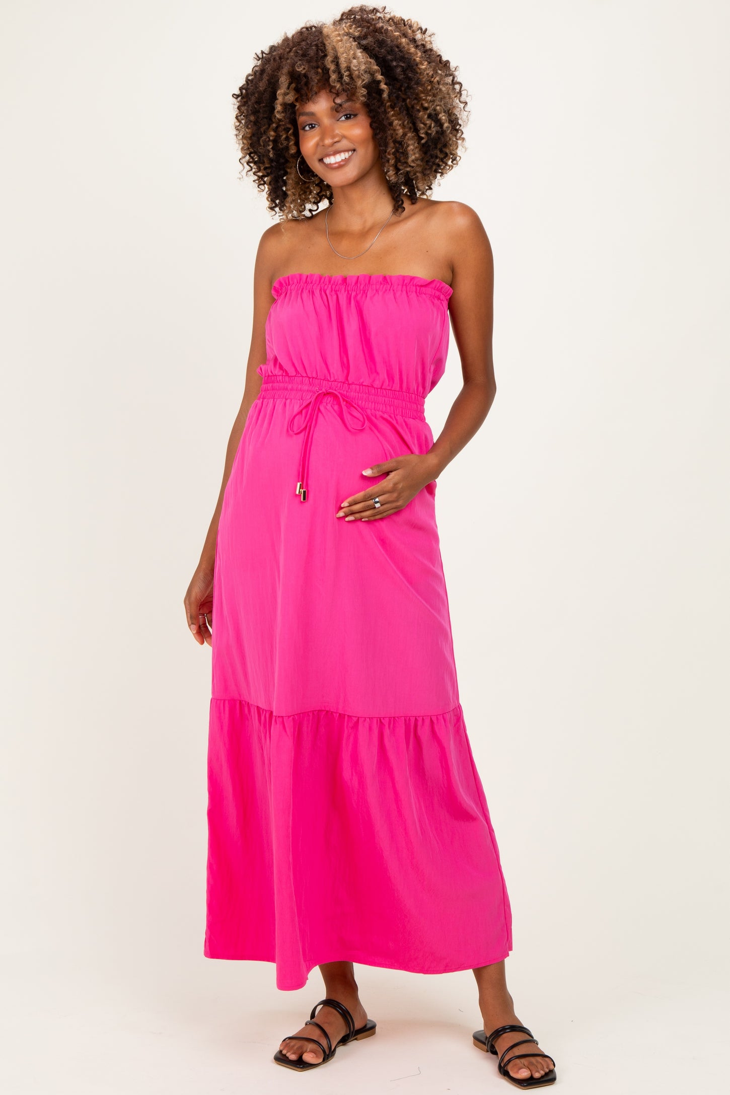 maxi dress cinched waist Hot Pink Strapless Tie Maternity – PinkBlush FS-Eyelet Dark In Lace Black offering a flattering fit Color:Flax