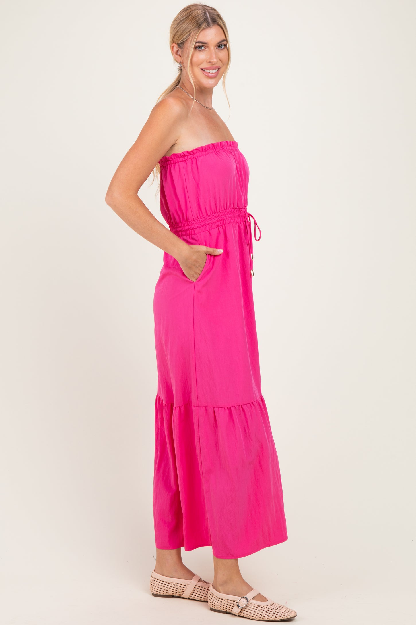 maxi dress with cinched waist Hot Pink Strapless Tie Color:Gala Blue White Deep V-neck Lace Soft and stretchy modal The Formal Edit