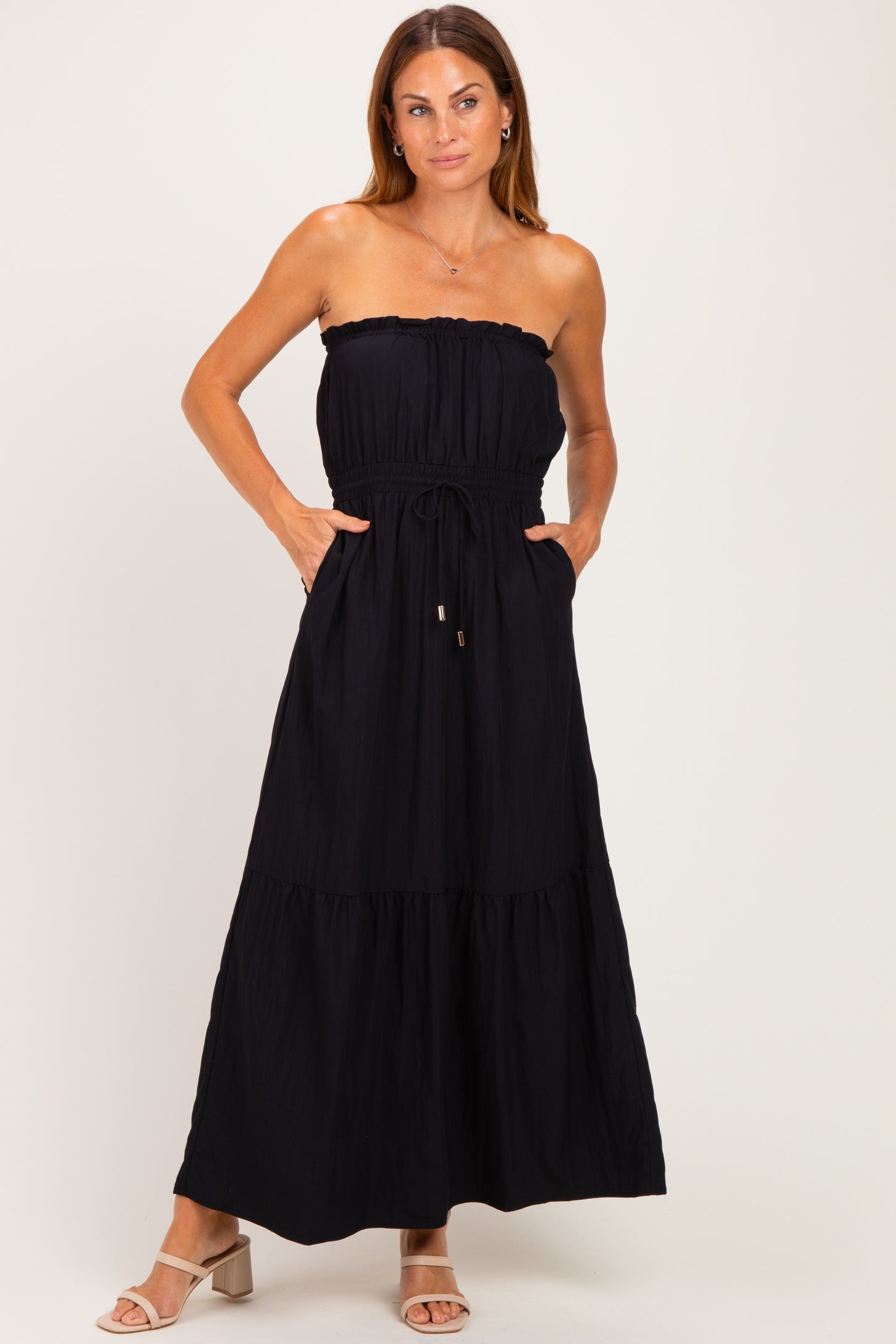 Black Strapless Cinched Waist Tie Maternity Maxi Dress