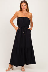 Black Strapless Cinched Waist Tie Maternity Maxi Dress