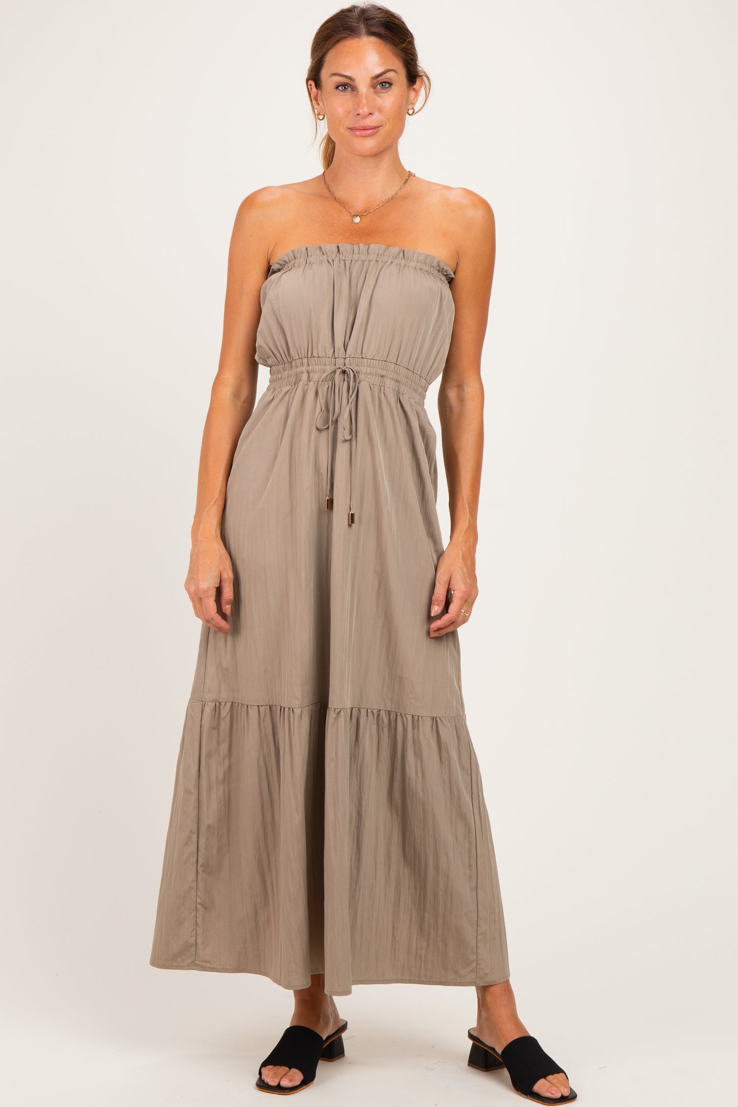 Taupe Strapless Cinched Waist Tie Maternity Maxi Dress