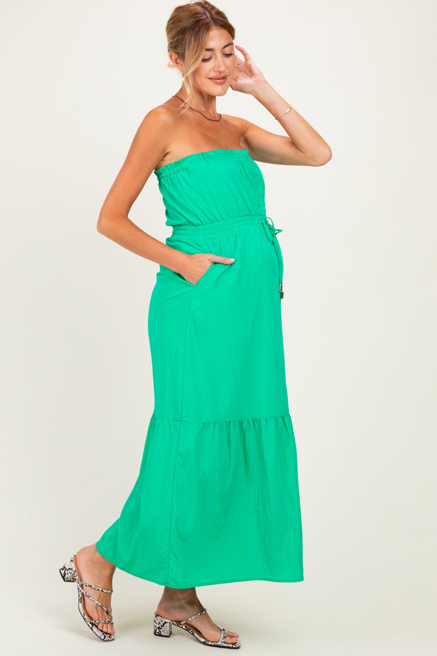 Green Strapless Cinched Waist Tie Maternity Maxi Dress – PinkBlush