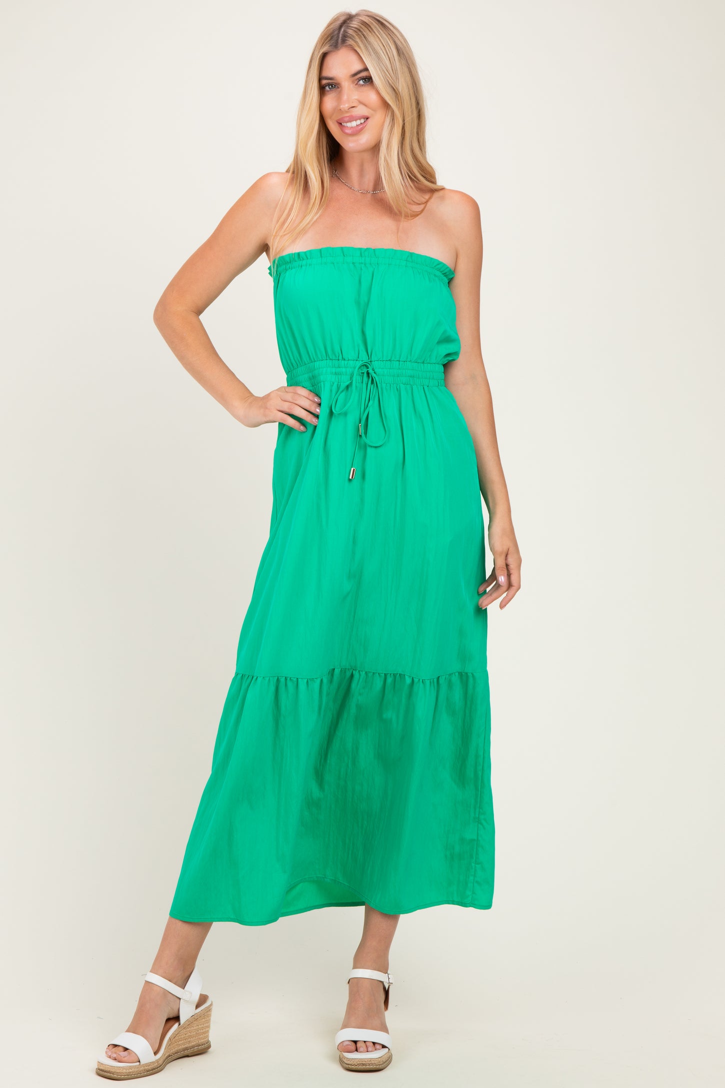 Green Strapless Cinched Waist Tie Maxi Dress