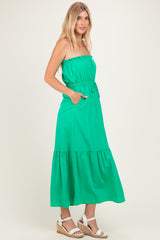 Green Strapless Cinched Waist Tie Maxi Dress