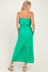 Green Strapless Cinched Waist Tie Maxi Dress