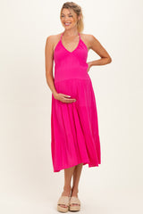 Pink Halter Cutout Maternity Midi Dress