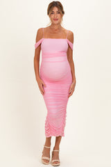Baby Pink Ruched Mesh Off Shoulder Maternity Midi Dress