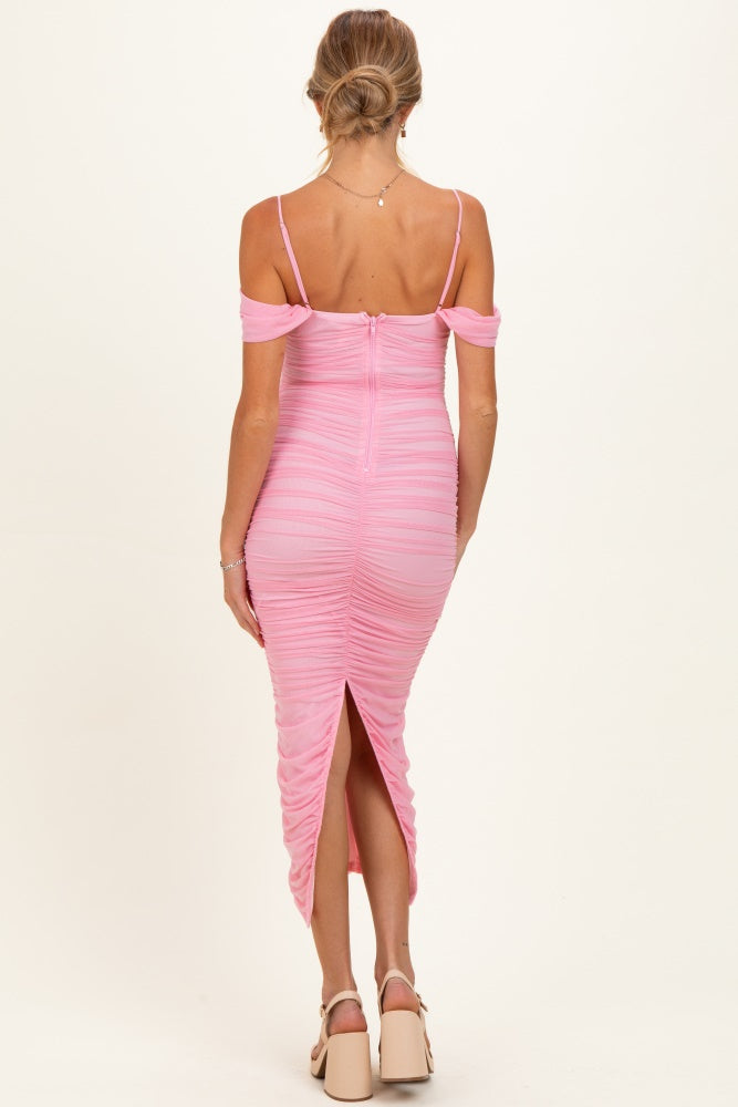 Baby Pink Ruched Mesh Off Shoulder Maternity Midi Dress