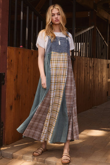 Denim Plaid Colorblock Overall Dress