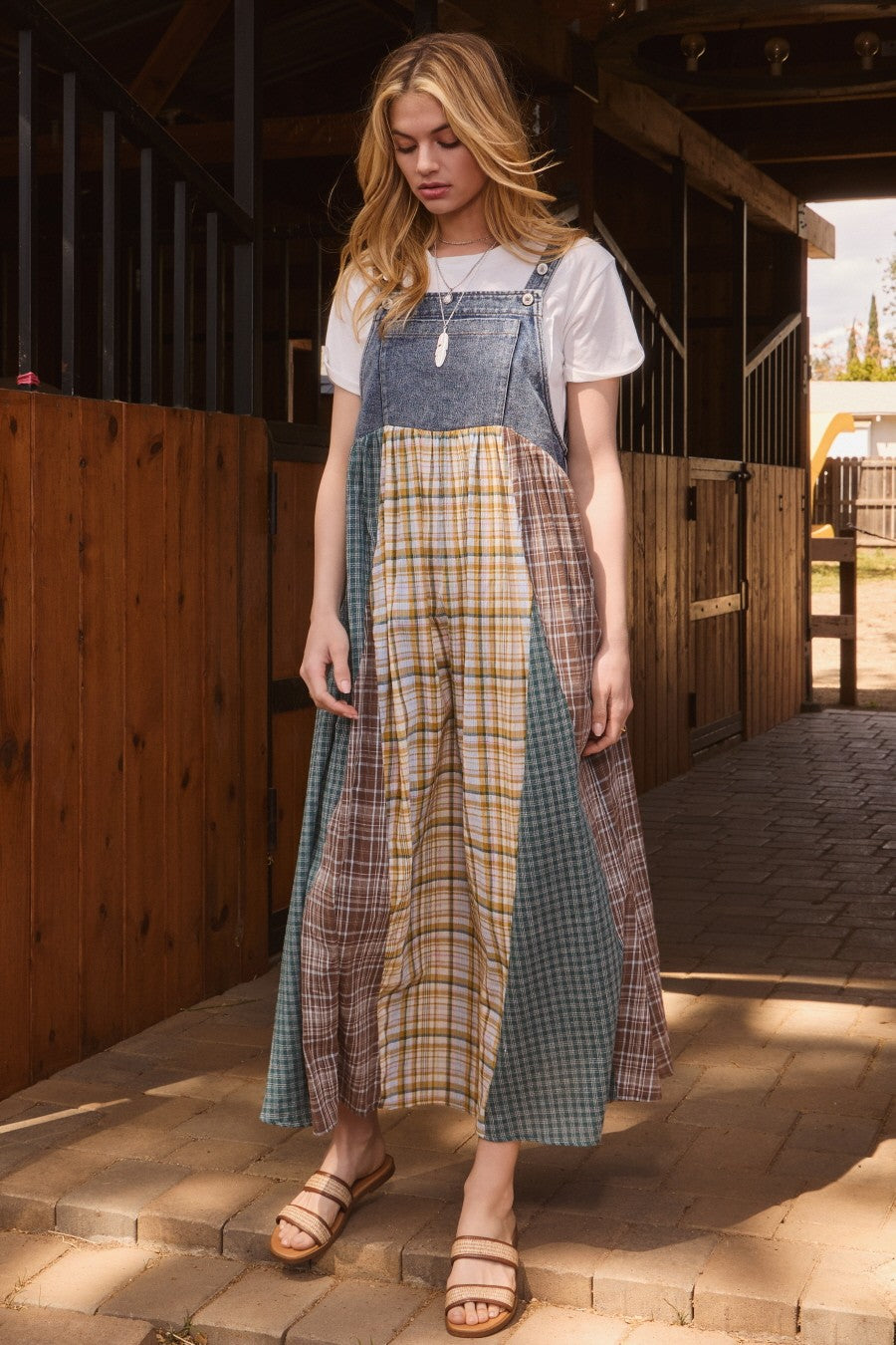 white christmas dresses Denim Plaid Colorblock Overall Dress – PinkBlush