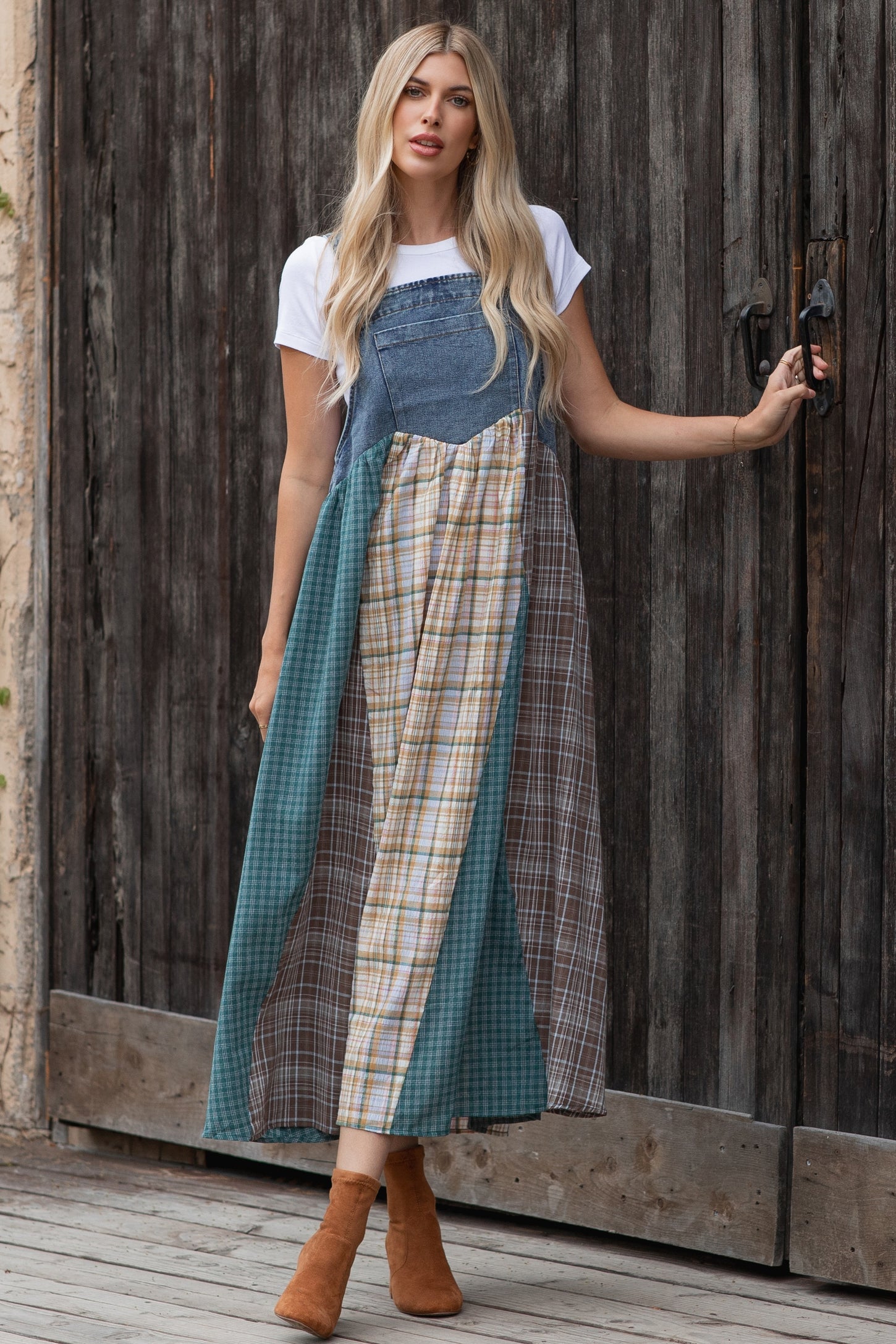 Denim Plaid Colorblock Overall Dress – PinkBlush